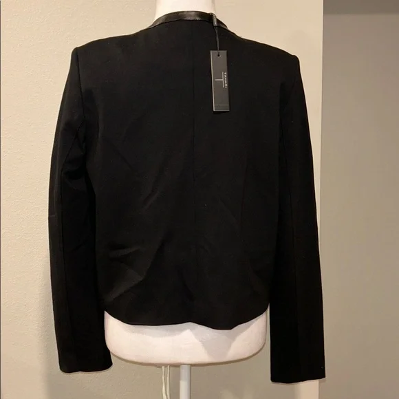NWT T Tahari Black Collarless Open Front Faux Leather Trim Jacket Blazer M - Picture 4 of 9